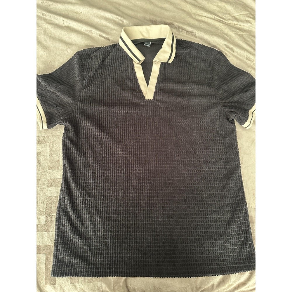 MANFINITY Polo Shirt Mens Large Black Textured Knit Short Sleeve Collared Casual